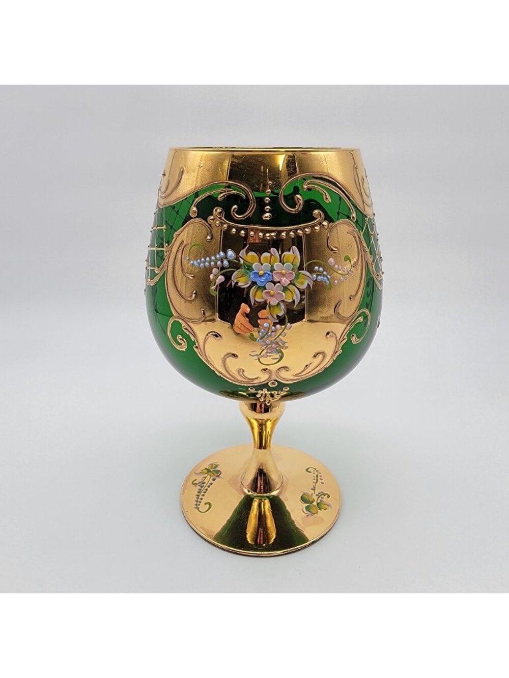 Vintage Bohemian Czech Emerald Glass Goblet With 24K Gold Gilt & Floral Enamel